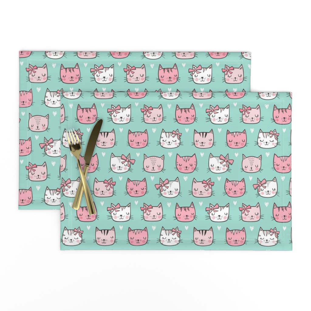 Pink Cat Cats  Faces with Bows and Hearts on Mint Green