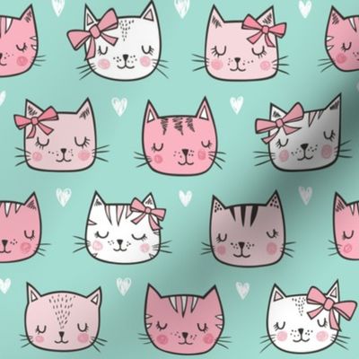 Pink Cat Cats  Faces with Bows and Hearts on Mint Green