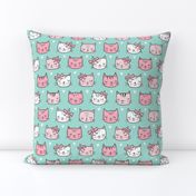 Pink Cat Cats  Faces with Bows and Hearts on Mint Green