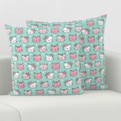 Pink Cat Cats  Faces with Bows and Hearts on Mint Green