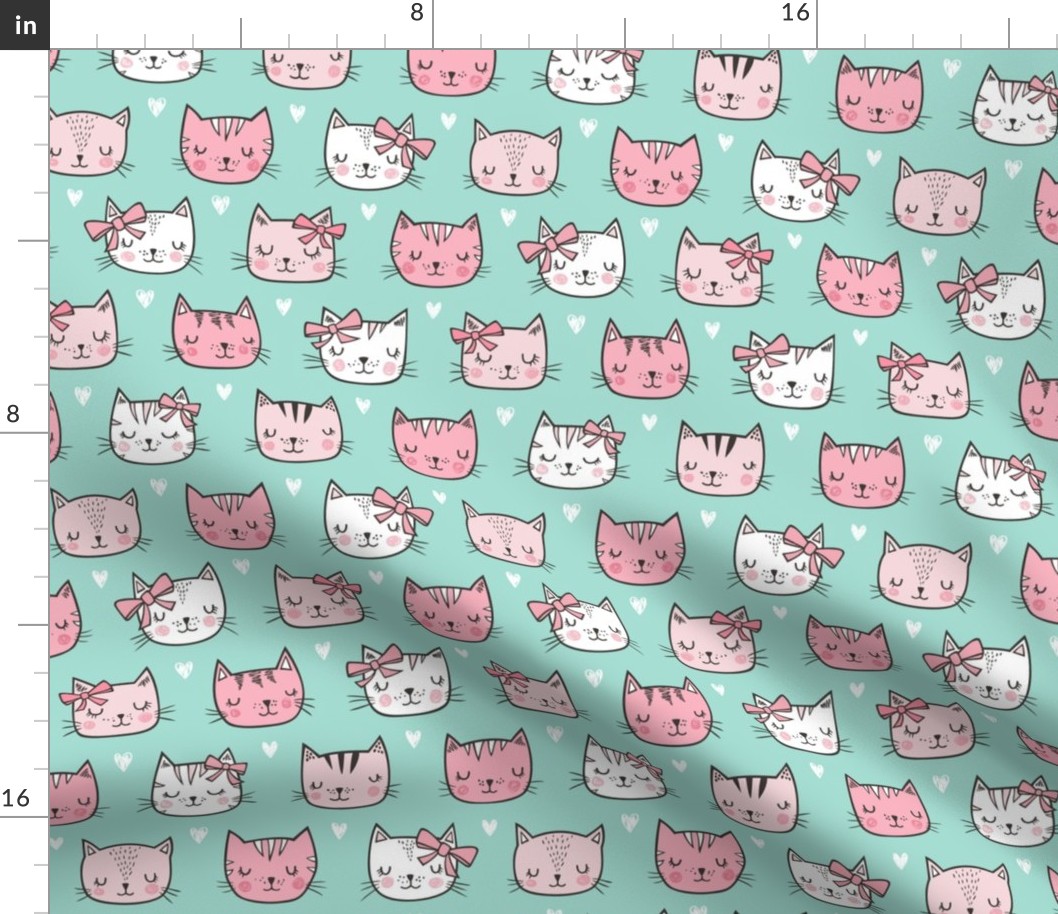 Pink Cat Cats  Faces with Bows and Hearts on Mint Green