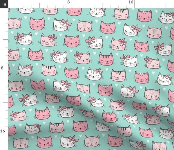 Pink Cat Cats Faces with Bows and Heart - Spoonflower