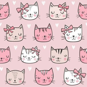 Pink Cat Cats  Faces with Bows and Hearts on  Pink