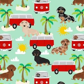 dachshund summer beach fabric - surfing, dog, palm trees -mint