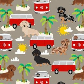 dachshund summer beach fabric - surfing, dog, palm trees - brown