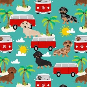 dachshund summer beach fabric - surfing, dog, palm trees - turquoise