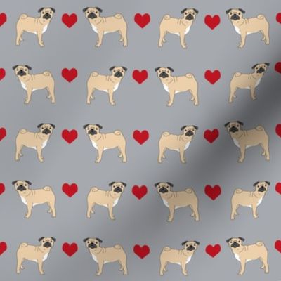 pug hearts fabric love pugs dog fabric - grey