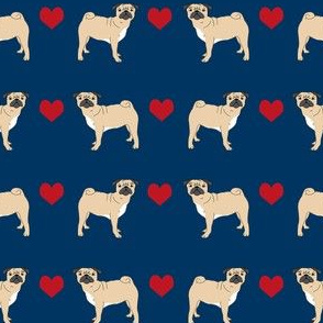 pug hearts fabric love pugs dog fabric - navy