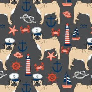 pug nautical fabric summer cute dogs fabric - charcoal