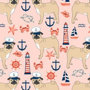 pug nautical fabric summer cute dogs fabric - light pink