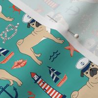 pug nautical fabric summer cute dogs fabric - turquoise