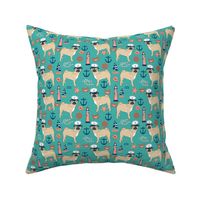 pug nautical fabric summer cute dogs fabric - turquoise