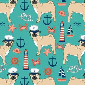 pug nautical fabric summer cute dogs fabric - turquoise