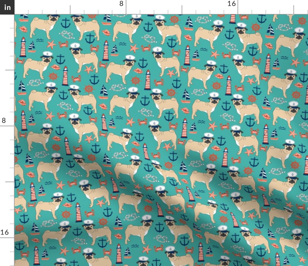 pug nautical fabric summer cute dogs fabric - turquoise