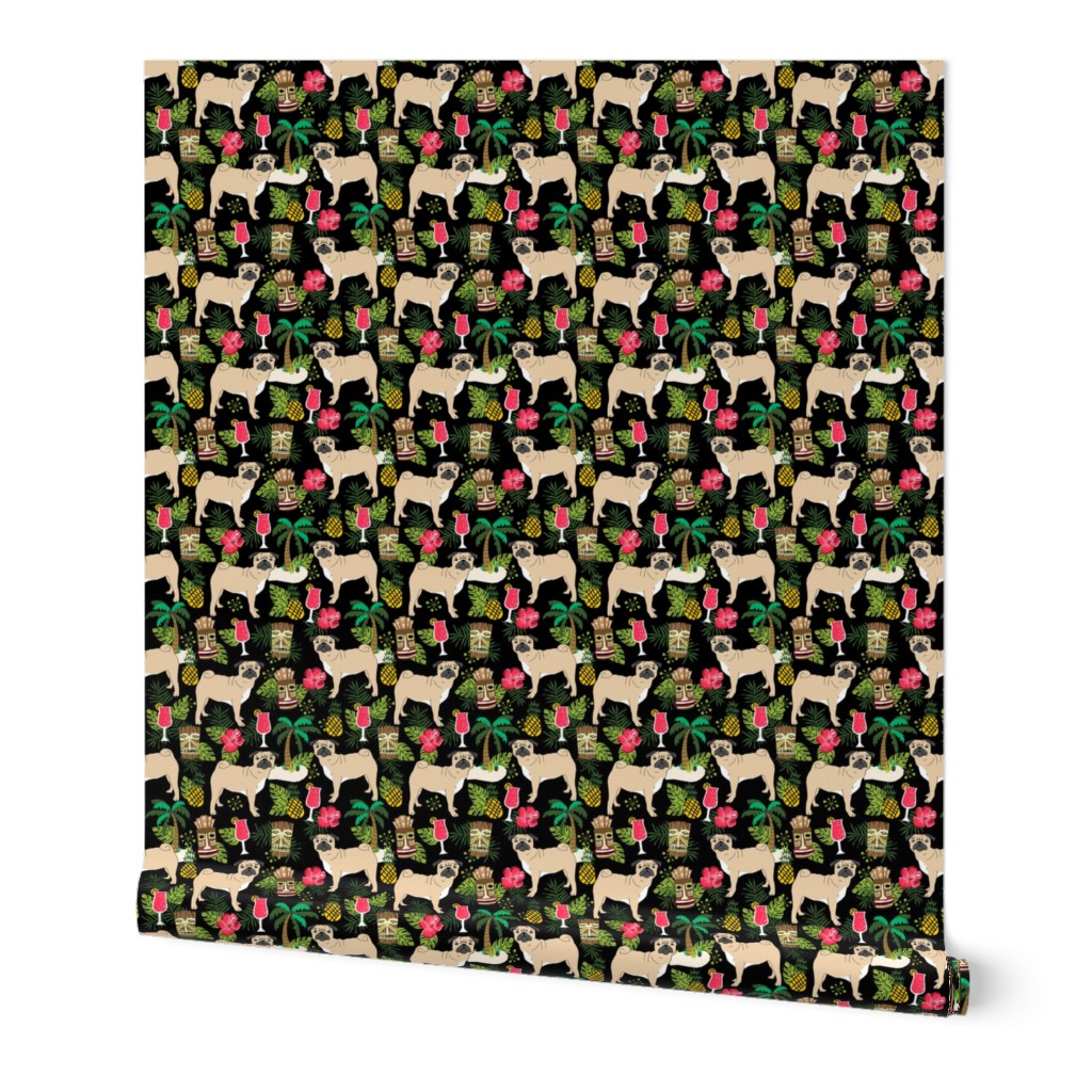 pug tiki fabric summer tropical island tropical design - black