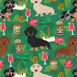 dachshund tiki fabric summer tropical island tropical design - green