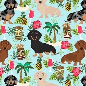 dachshund tiki fabric summer tropical island tropical design - light blue