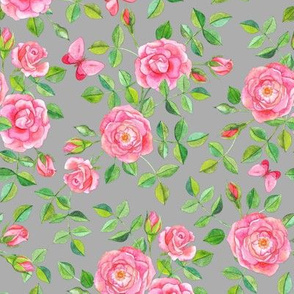 Pink Watercolor Roses & Butterflies on Pale Grey large version