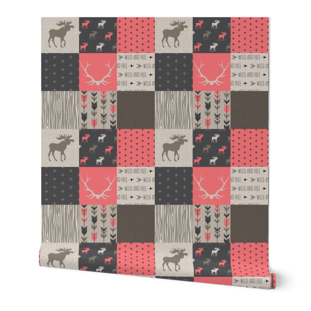 Moose Patchwork Quilt - Rose, tan and brown - Linen texture - woodl