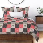 Moose Patchwork Quilt - Rose, tan and brown - Linen texture - woodl
