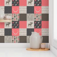 Moose Patchwork Quilt - Rose, tan and brown - Linen texture - woodl