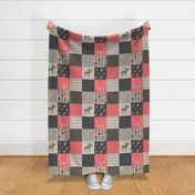Moose Patchwork Quilt - Rose, tan and brown - Linen texture - woodl