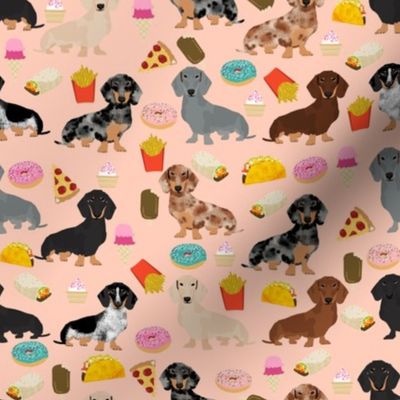 dachshund junk food fabric fries and donuts cute foods fabric - peach