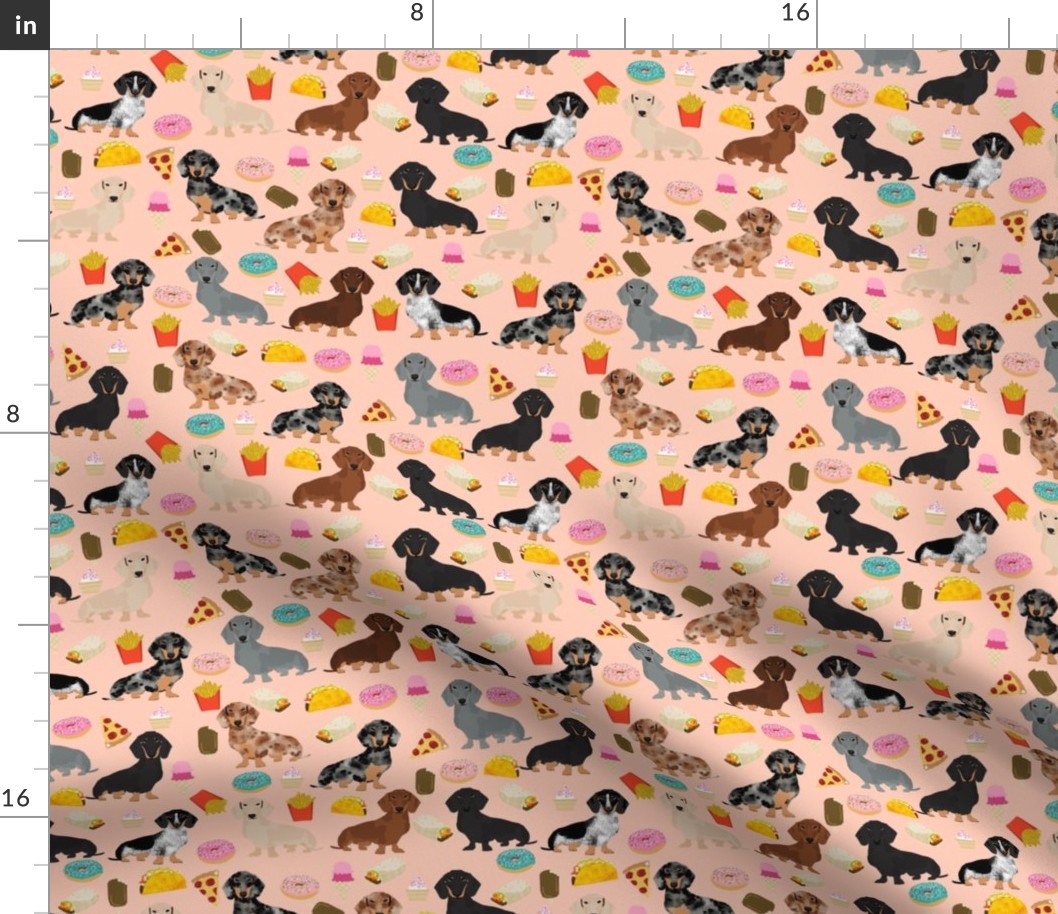 dachshund junk food fabric fries and donuts cute foods fabric - peach