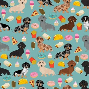 dachshund junk food fabric fries and donuts cute foods fabric - blue