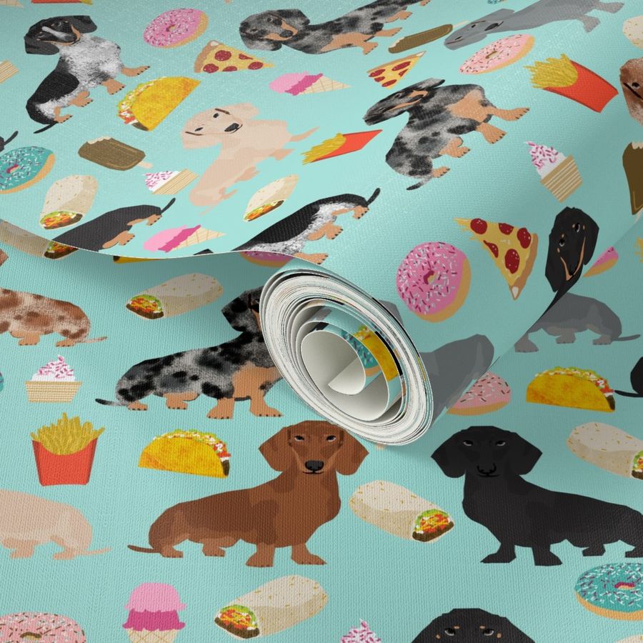 dachshund junk food fabric - light blue