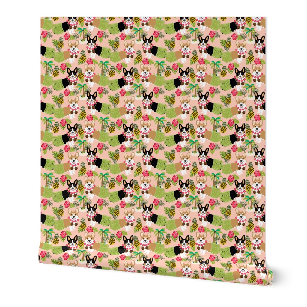 corgis hula fabric tricolored and red corgi fabric - peach