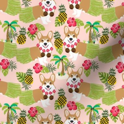 corgis hula fabric cute corgi fabric - peachy pink