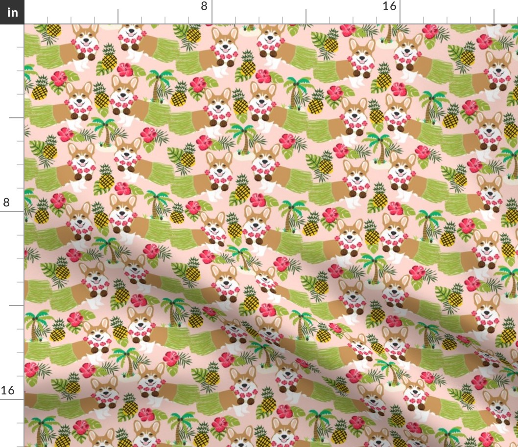 corgis hula fabric cute corgi fabric - peachy pink