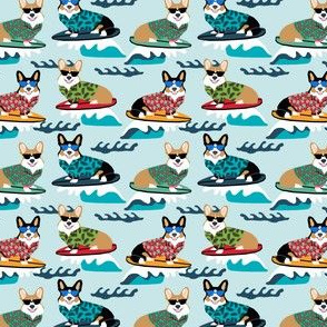 corgi surfing fabric - small size fabric - blue