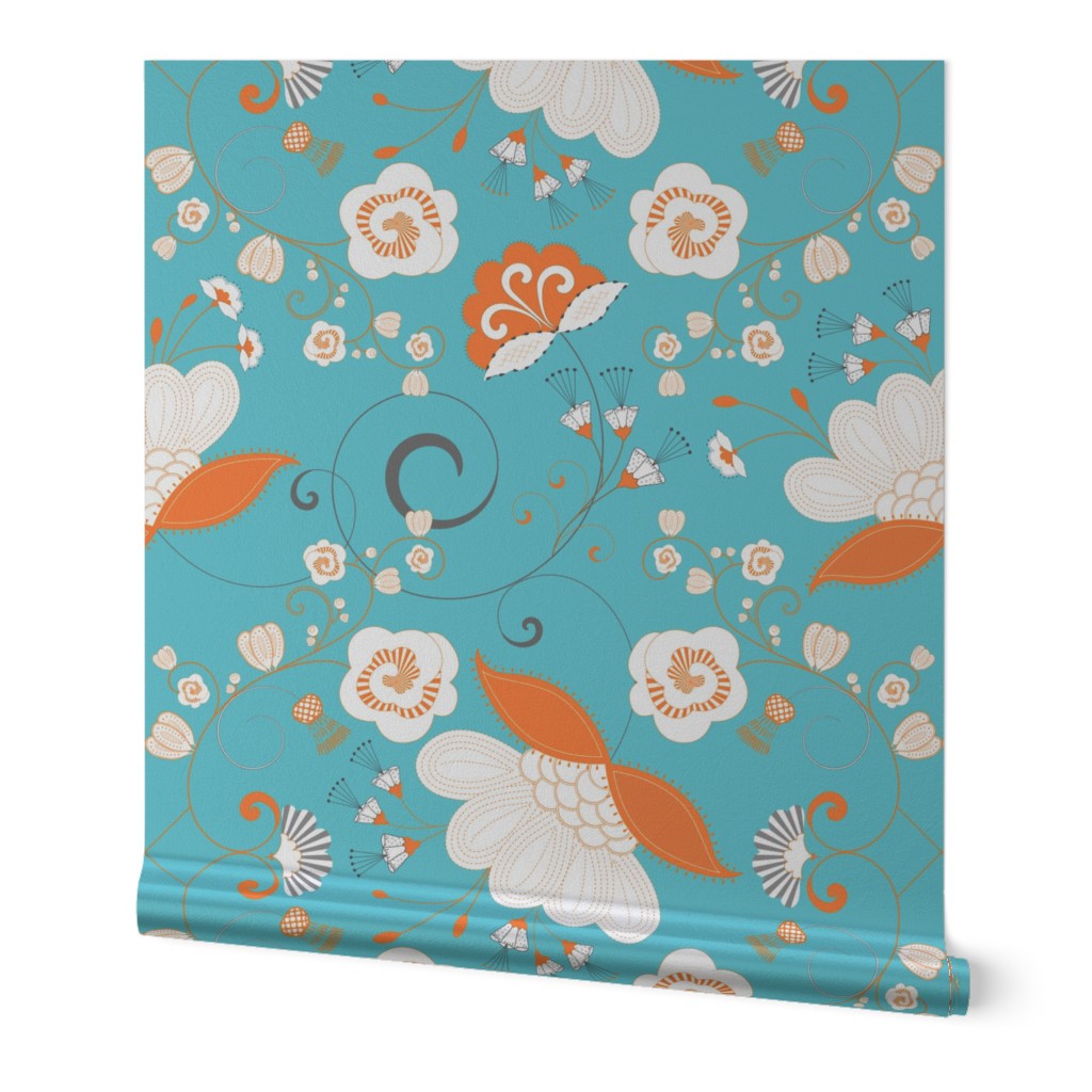 Flower Swirl - Orange White Grey on Blue