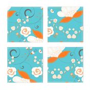 Flower Swirl - Orange White Grey on Blue