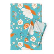 Flower Swirl - Orange White Grey on Blue