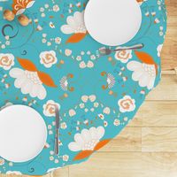 Flower Swirl - Orange White Grey on Blue