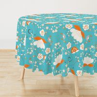 Flower Swirl - Orange White Grey on Blue