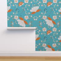 Flower Swirl - Orange White Grey on Blue