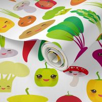 vegies kawaii vegetables bell peppers, pumpkin beets carrots, eggplant, red hot peppers, cauliflower, broccoli, potatoes, mushrooms, cucumber, onion, garlic, tomato, radish white background. illustration