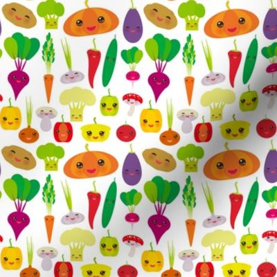 vegies kawaii vegetables bell peppers, pumpkin beets carrots, eggplant, red hot peppers, cauliflower, broccoli, potatoes, mushrooms, cucumber, onion, garlic, tomato, radish white background. illustration