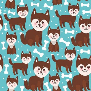  funny brown husky dog and white bones, Kawaii face with large eyes and pink cheeks, boy and girl on blue background. illustration