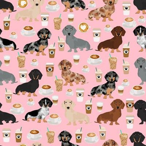 dachshund coffee fabric, coffees and lattes fabric - pink