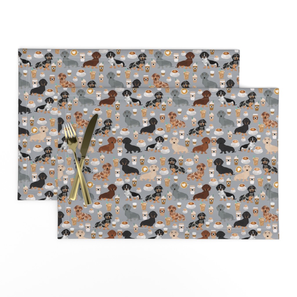 dachshund coffee fabric, coffees and lattes fabric - grey