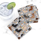 dachshund coffee fabric, coffees and lattes fabric - grey