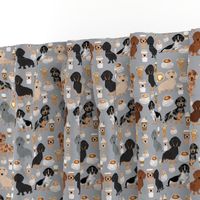 dachshund coffee fabric, coffees and lattes fabric - grey