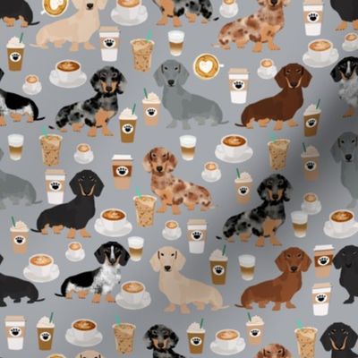 dachshund coffee fabric, coffees and lattes fabric - grey