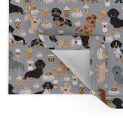 dachshund coffee fabric, coffees and lattes fabric - grey