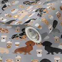 dachshund coffee fabric, coffees and lattes fabric - grey